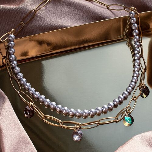 Neck chain with pearls and crystals (gold trim only) - mauve