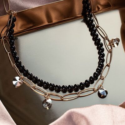Halskette mit Perlen und Kristallen (nur Goldrand) – Mystic Black