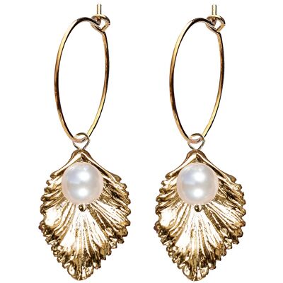 Circle earrings with pearl flower (gold trim only) - Cream