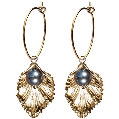 Boucles d'oreilles anneau avec une fleur de perle (uniquement garniture en or) - Gris