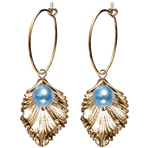 Circle earrings with pearl flower (gold trim only) - Light Blue