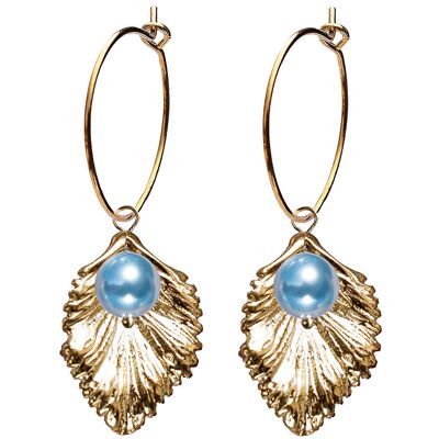 Circle earrings with pearl flower (gold trim only) - Light Blue