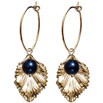 Boucles d'oreilles cercle avec fleur de perle (garniture dorée uniquement) - Bleu nuit 1