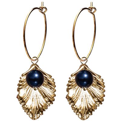 Circle earrings with pearl flower (gold trim only) - Night Blue