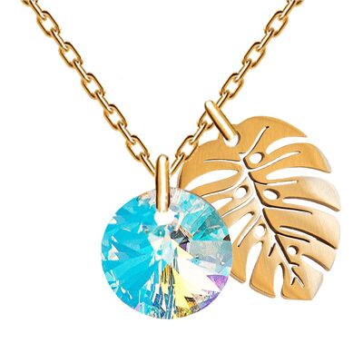 Necklace with leaf, 8mm crystal - gold - aurore borale