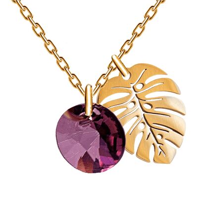 Necklace with leaf, 8mm crystal - gold - amethystyst