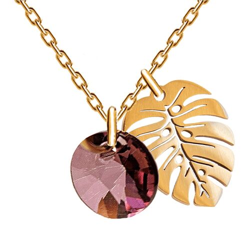 Necklace with leaf, 8mm crystal - gold - Antique Pink