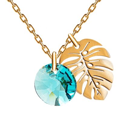 Necklace with leaf, 8mm crystal - gold - Aquamarine
