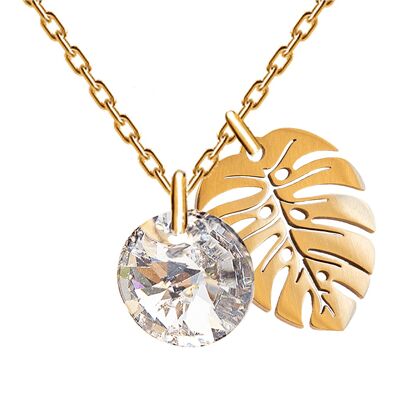 Necklace with leaf, 8mm crystal - gold - crystal