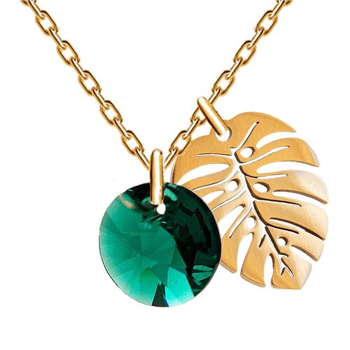 Necklace with leaf, 8mm crystal - gold - emerald