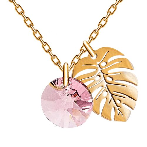 Necklace with leaf, 8mm crystal - gold - Light Rose