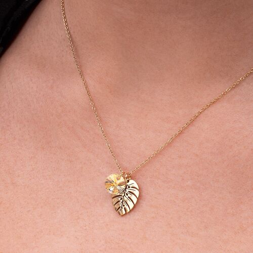 Necklace with leaf, 8mm crystal - gold - Violet