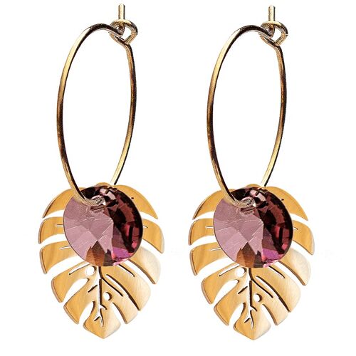 Leaf earrings, 8mm crystal - gold - Antique Pink