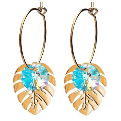 Leaf earrings, 8mm crystal - gold - aurore boreale