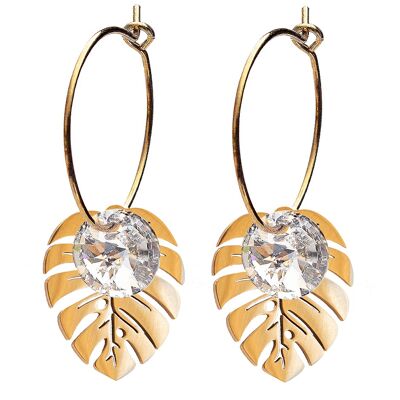 Leaf earrings, 8mm crystal - gold - crystal