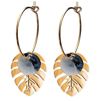 Leaf earrings, 8mm crystal - gold - Denim Blue