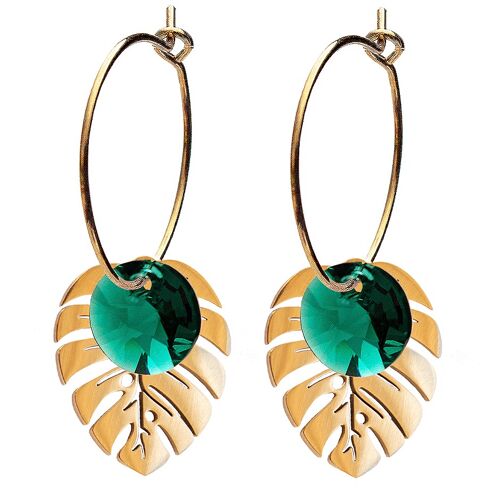Leaf earrings, 8mm crystal - gold - emerald