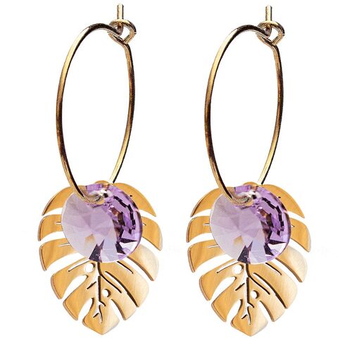 Leaf earrings, 8mm crystal - gold - Violet