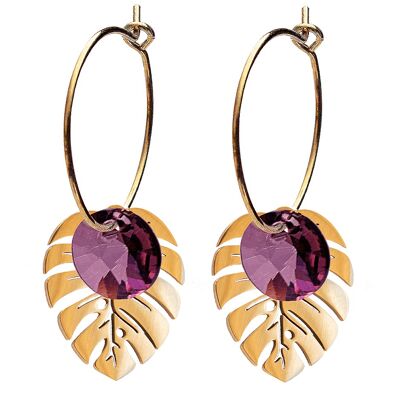 Leaf earrings, 8mm crystal - silver - amethyst