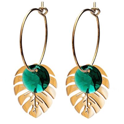 Leaf earrings, 8mm crystal - silver - emerald