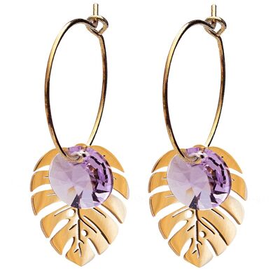 Leaf earrings, 8mm crystal - silver - Violet