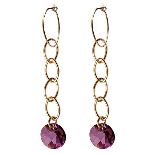 Circle earrings with chain, 8mm crystal (gold finish only) - amethyst