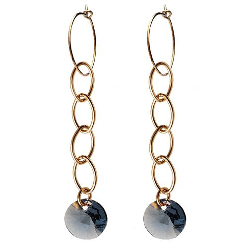 Circle earrings with chain, 8mm crystal (gold trim only) - Denim Blue