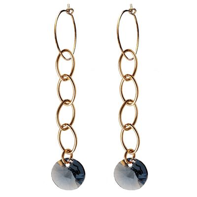 Circle earrings with chain, 8mm crystal (gold trim only) - Denim Blue