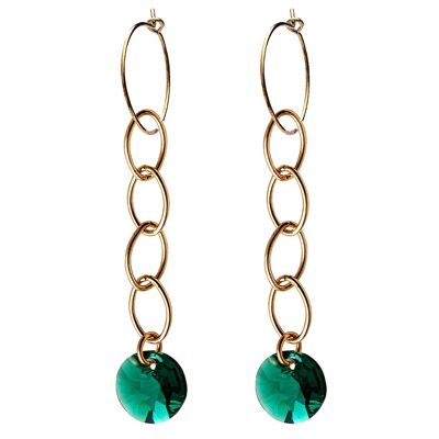 Circle earrings with chain, 8mm crystal (gold finish only) - Emerald