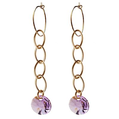 Circle earrings with chain, 8mm crystal (gold trim only) - Violet