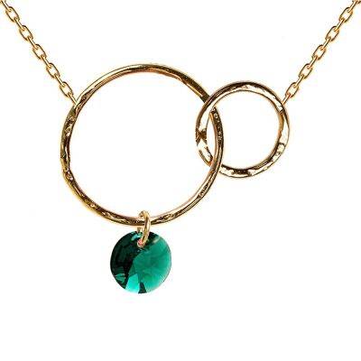 Two -ring necklace, 8mm crystal - gold - emerald