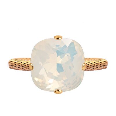 One crystal ring, 10mm square - gold - White Opal