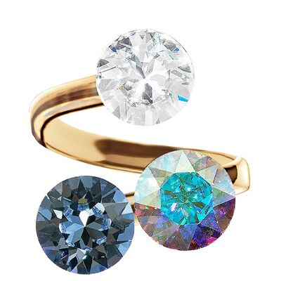 Three crystal silver ring, round 8mm - gold - crystal / aurore boreeal / denim