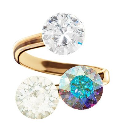 Three crystal silver ring, round 8mm - gold - Crystal / Aurore Boreeal / White Opal
