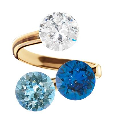 Three crystal silver ring, round 8mm - gold - crystal / aquamarine / capri