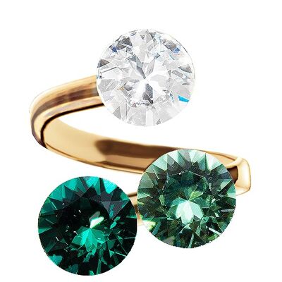 Three crystal silver ring, round 8mm - gold - crystal / erinite / emerald