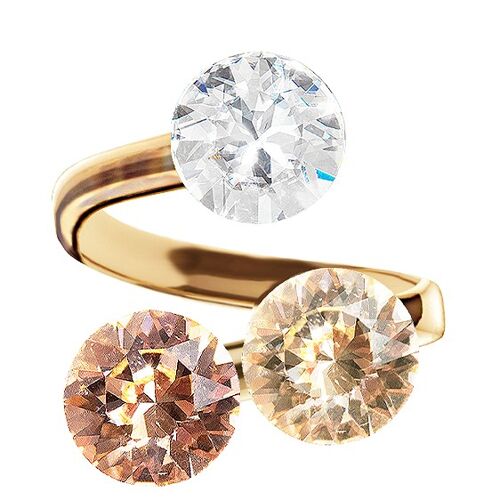Three crystal silver ring, round 8mm - gold - crystal / light silk / light peach