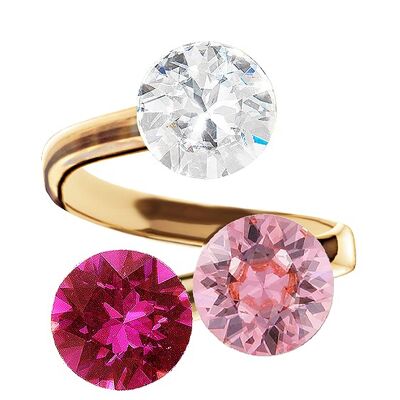 Three crystal silver ring, round 8mm - gold - crystal / light rose / fuchsia