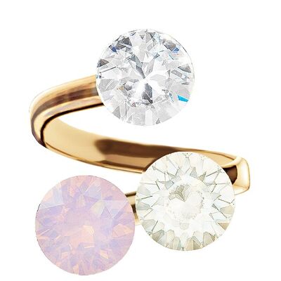 Three crystal silver ring, round 8mm - gold - Crystal / Rose Water Opal / White Opal