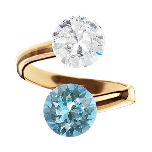 Two crystal silver ring, round 8mm - gold - Aquamarine / Crystal