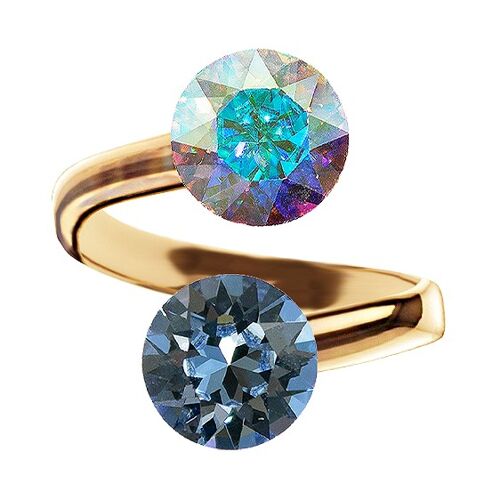 Two crystal silver ring, round 8mm - gold - Denim Blue / Aurore Boreale