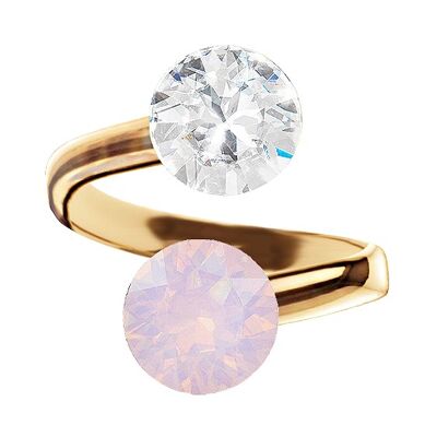 Two crystal silver ring, round 8mm - gold - Rose Water Opal / Crystal