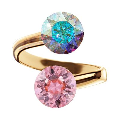 Two crystal silver ring, round 8mm - gold - Light Rose / Aurore Boreale