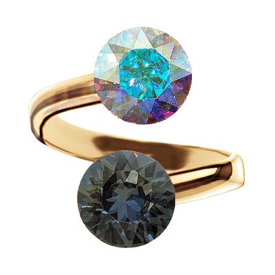 Two crystal silver ring, round 8mm - gold - Black Diamond / Aurore Boreale