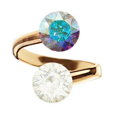 Two crystal silver ring, round 8mm - gold - White Opal / Aurore Boreale