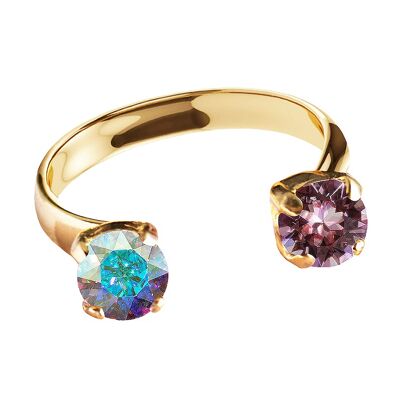 Ring mit zwei Kristallen, rund 5 mm - Gold - Aurora Boreal / Altrosa