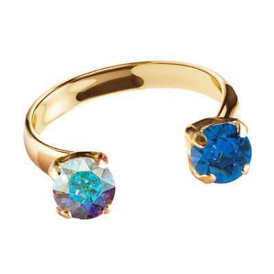 Ring mit zwei Kristallen, rund 5 mm - Gold - Aurora Boreal / Capri