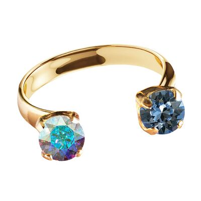 Ring mit zwei Kristallen, rund 5 mm - Gold - Aurora Boreal / Denim