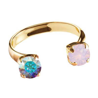 Anello due cristalli, tondo 5mm - oro - aurore boreale / opale acqua di rose