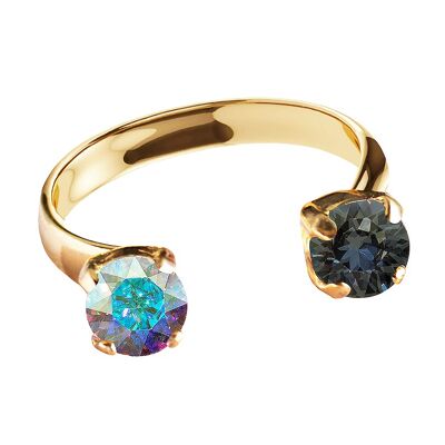 Ring mit zwei Kristallen, rund 5 mm - Gold - Aurora Boreal / Silvernight